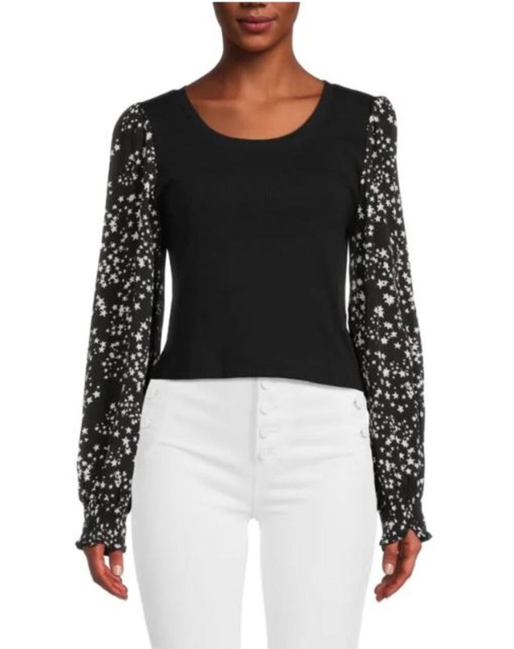 DKNY Womens Star Print Blouse Top XXS Black Ribbed Long Sleeve Career NWT - Picture 1 of 11